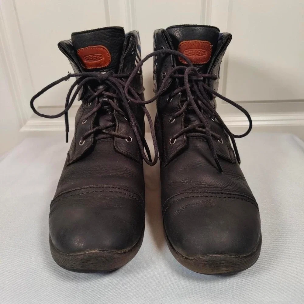 Keen Walking Boots Black Leather Aztec Cuff Southwestern Boho Womens 9.5 Outdoor